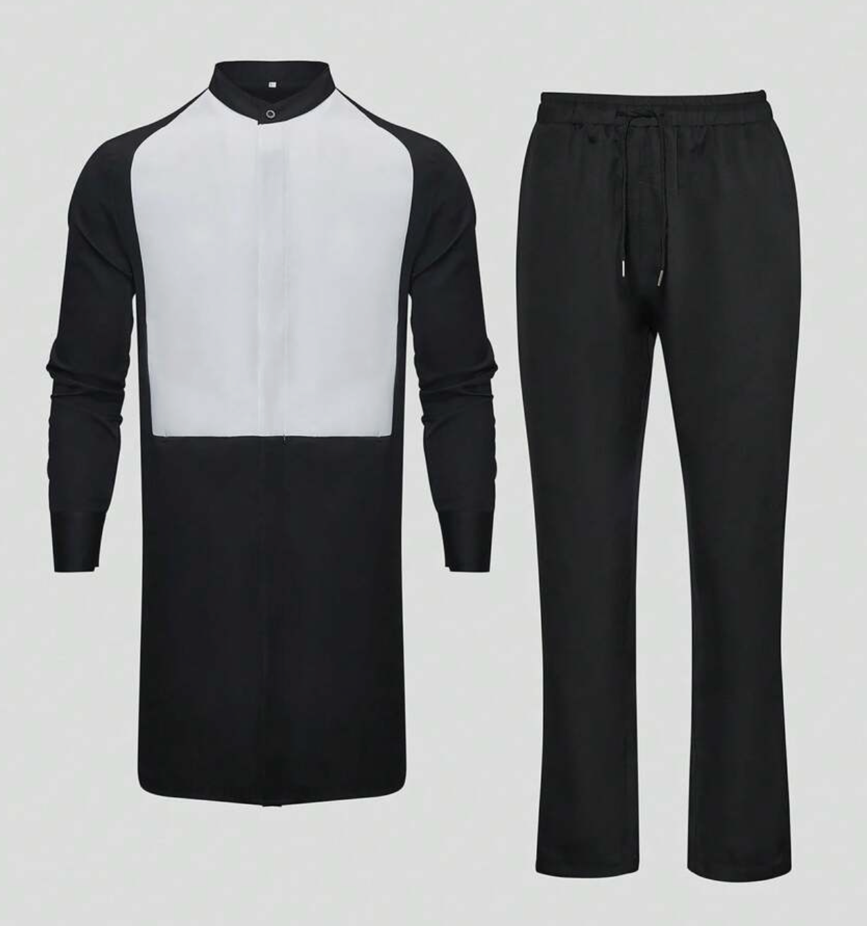 2-Piece Round Collar Black W/White Chest Design Kaftan