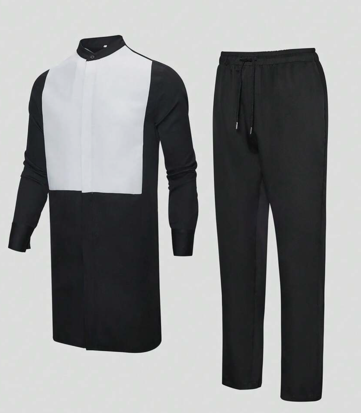 2-Piece Round Collar Black W/White Chest Design Kaftan