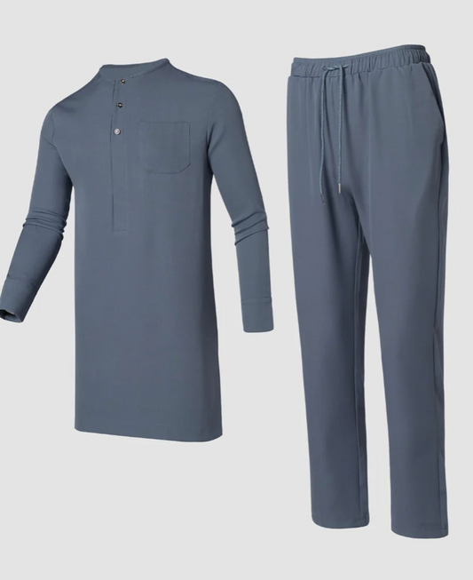 2-Piece Smoke Gray Round Collar Kaftan