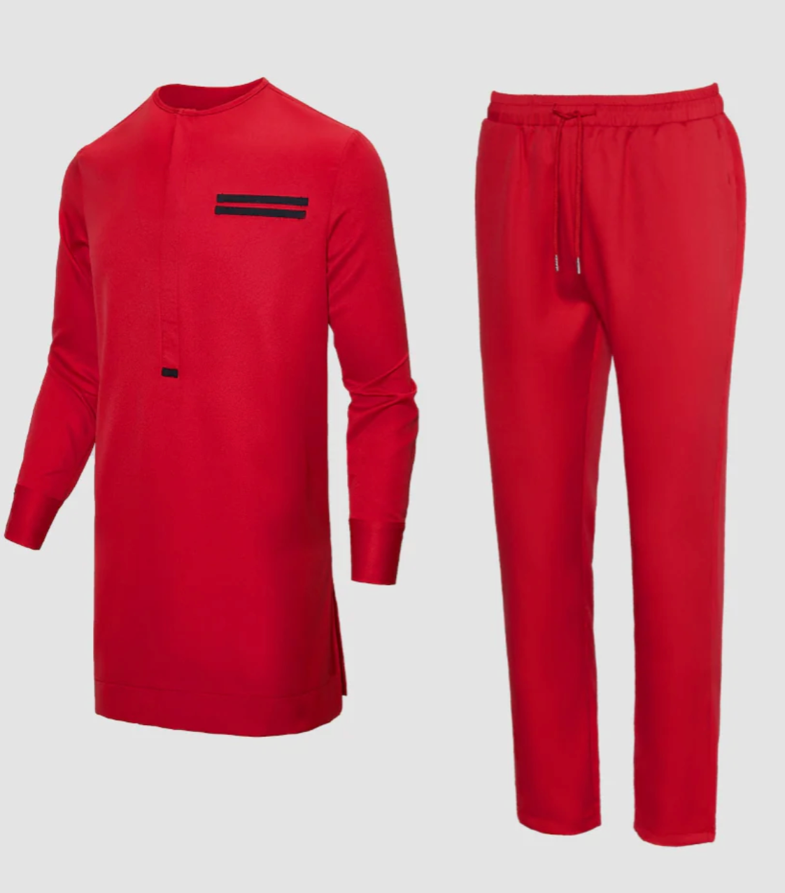 2-Piece Red Round Collar Kaftan W/Black Design