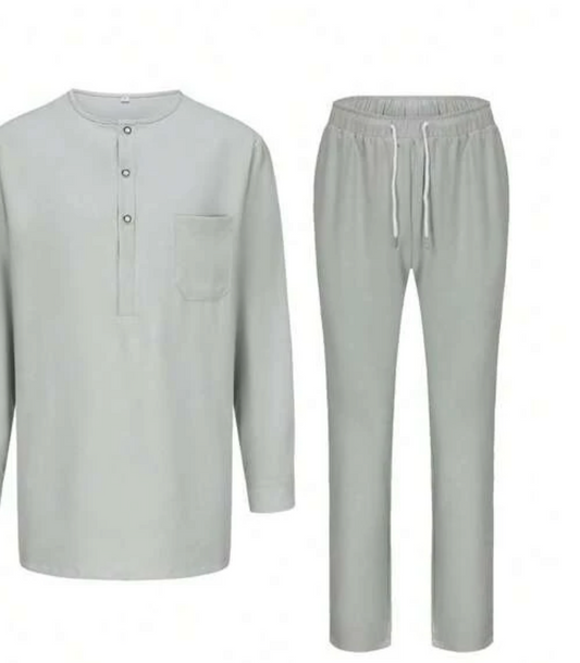 2-Piece Gray Round Collar Kaftan